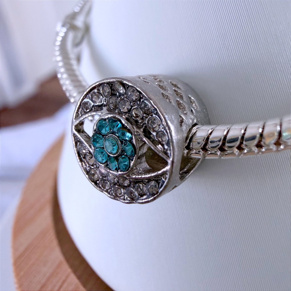 Silver Evil Eye Bead Charm Fits Snake Chain Bracelet Crystal Turquoise Blue - Picture 5 of 7